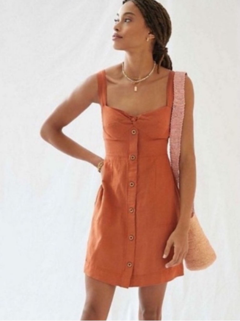 BOGO! Anthropologie Maeve Twist-Front Mini Dress Linen Rust Cognac XS